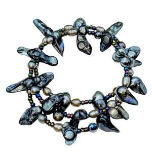 Genuine Gray Multi-Color Freshwater & Blister Pearl Wire Wrap Beaded Bracelet